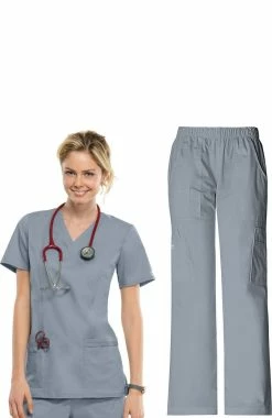 Cherokee Workwear Women's Mock Wrap Scrub Top & Elastic Waist Scrub Pant Set