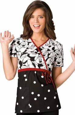 Cherokee Women's Mock Wrap Minnie Mouse Print Scrub Top