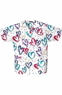 Cherokee Women's 2-Pocket V-Neck Hearts Print Scrub Top
