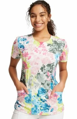 Cherokee Women's Brush Away Blooms Print Scrub Top