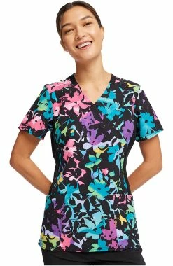 Cherokee Women's Mock Wrap Rainbow Fleurs Print Scrub Top