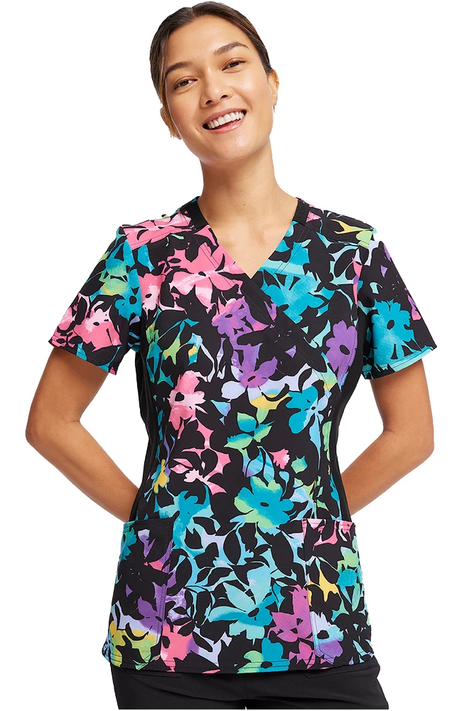Cherokee Women's Mock Wrap Rainbow Fleurs Print Scrub Top 1 Cherokee Women's Mock Wrap Rainbow Fleurs Print Scrub Top