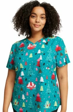 Cherokee Women's Tuckable Happy Holidogs Print Scrub Top