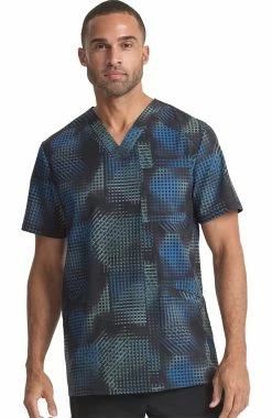 Cherokee Men's V-Neck Gradient Grid Print Scrub Top