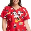 Cherokee Women's Mickey Holiday Cheer Print Scrub Top