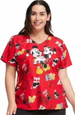 Cherokee Women's Mickey Holiday Cheer Print Scrub Top