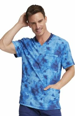 Dickies Men's Tonal Tie Dye Navy Print Scrub Top