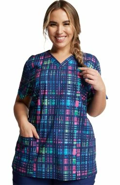 Dickies Women's V-Neck Glowing Plaid Print Scrub Top