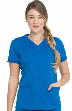 Dickies Women's V-Neck Rib Knit Panel Solid Scrub Top