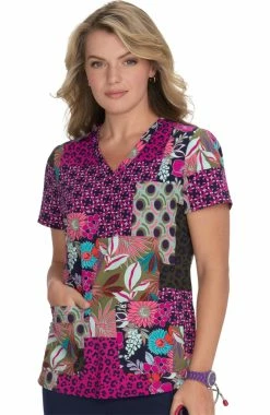 Koi Women's Early Energy V-Neck Tropical Patch Print Scrub Top
