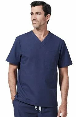 Medelita Men's V-Neck Chest Pocket Solid Scrub Top