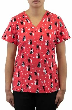 Maevn Uniforms Women's Curved V-Neck Furever Friends Print Top