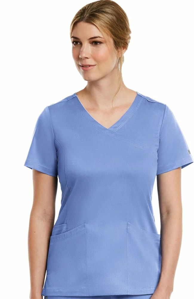 Maevn Uniforms Women's Mock Wrap Knit Panel Solid Scrub Top 1 Maevn Uniforms Women's Mock Wrap Knit Panel Solid Scrub Top