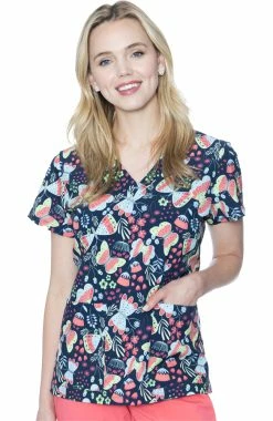 Med Couture Women's Vicky Butterfly Friends Print Scrub Top