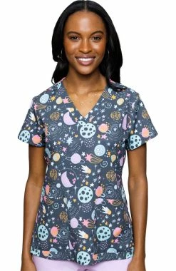 Med Couture Women's Vicky Cosmic Cuteness Print Scrub Top