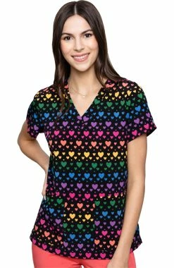Med Couture Women's Vicky Rainbow Heart Print Scrub Top