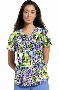 White Cross Women's Round V-Neck Perennials Print Scrub Top