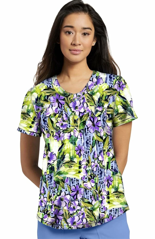 White Cross Women's Round V-Neck Perennials Print Scrub Top 1 White Cross Women's Round V-Neck Perennials Print Scrub Top