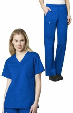 WonderWORK Women's V-Neck Solid Scrub Top & Elastic Waist Scrub Pant Set