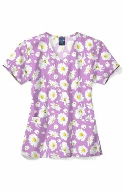 Zoe And Chloe Women's V-Neck Daisy Crazy Print Scrub Top