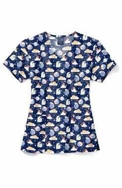 Zoe And Chloe Women's V-Neck Moon Meow Print Scrub Top