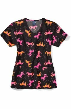 Zoe And Chloe Women's V-Neck Sky Dancer Print Scrub Top