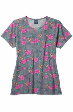 Zoe And Chloe Women's Notch Neck Hummingbird Bloom Print Scrub Top