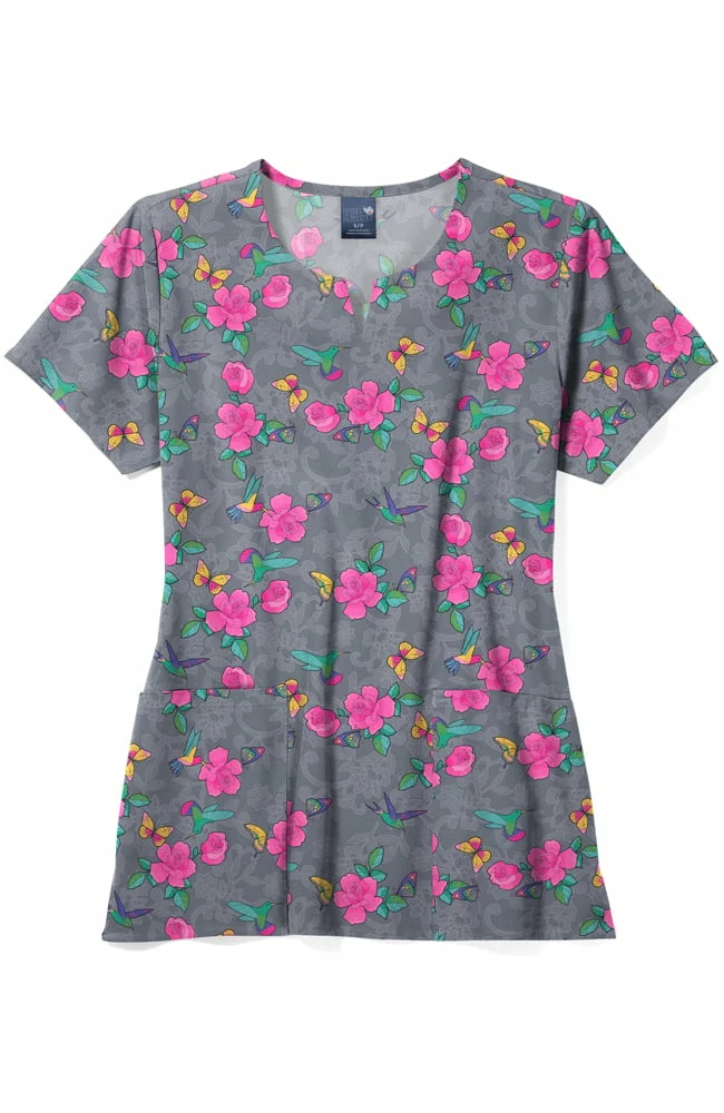 Zoe And Chloe Women's Notch Neck Hummingbird Bloom Print Scrub Top 1 Zoe And Chloe Women's Notch Neck Hummingbird Bloom Print Scrub Top