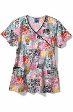 Zoe And Chloe Women's Contrast Mock Wrap Pattern Patch Print Scrub Top