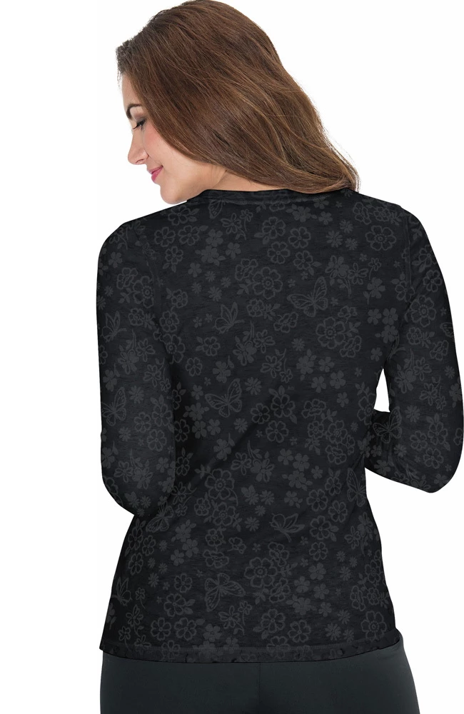 Koi Women's Presley Flower Shower Burnout Black Print Underscrub T-Shirt 2 Koi Women's Presley Flower Shower Burnout Black Print Underscrub T-Shirt - Image 2