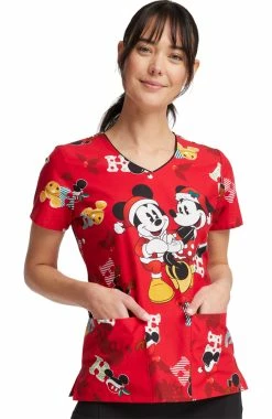 Cherokee Women's Mickey Holiday Cheer Print Scrub Top -Default Template 3 3 ck tf614 print 650 1