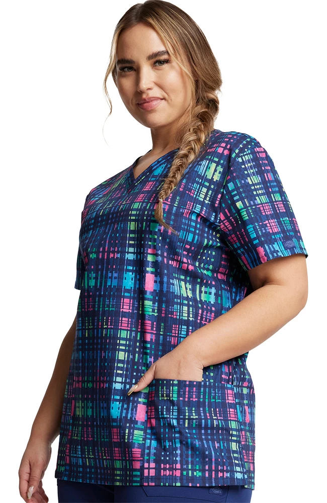 Dickies Women's V-Neck Glowing Plaid Print Scrub Top 3 Dickies Women's V-Neck Glowing Plaid Print Scrub Top - Image 3