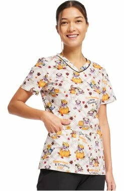 Cherokee Women's Pugkin Spice Season Print Scrub Top -Default Template 3 4 ck ck646 print 650