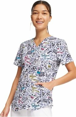 Cherokee Women's Feline Fierce Print Scrub Top -Default Template 3 4 ck ck662 print 650