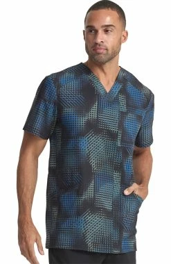 Cherokee Men's V-Neck Gradient Grid Print Scrub Top -Default Template 3 4 ck ck920 print 650