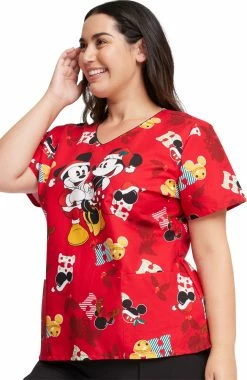 Cherokee Women's Mickey Holiday Cheer Print Scrub Top -Default Template 3 4 ck tf614 print 650 1
